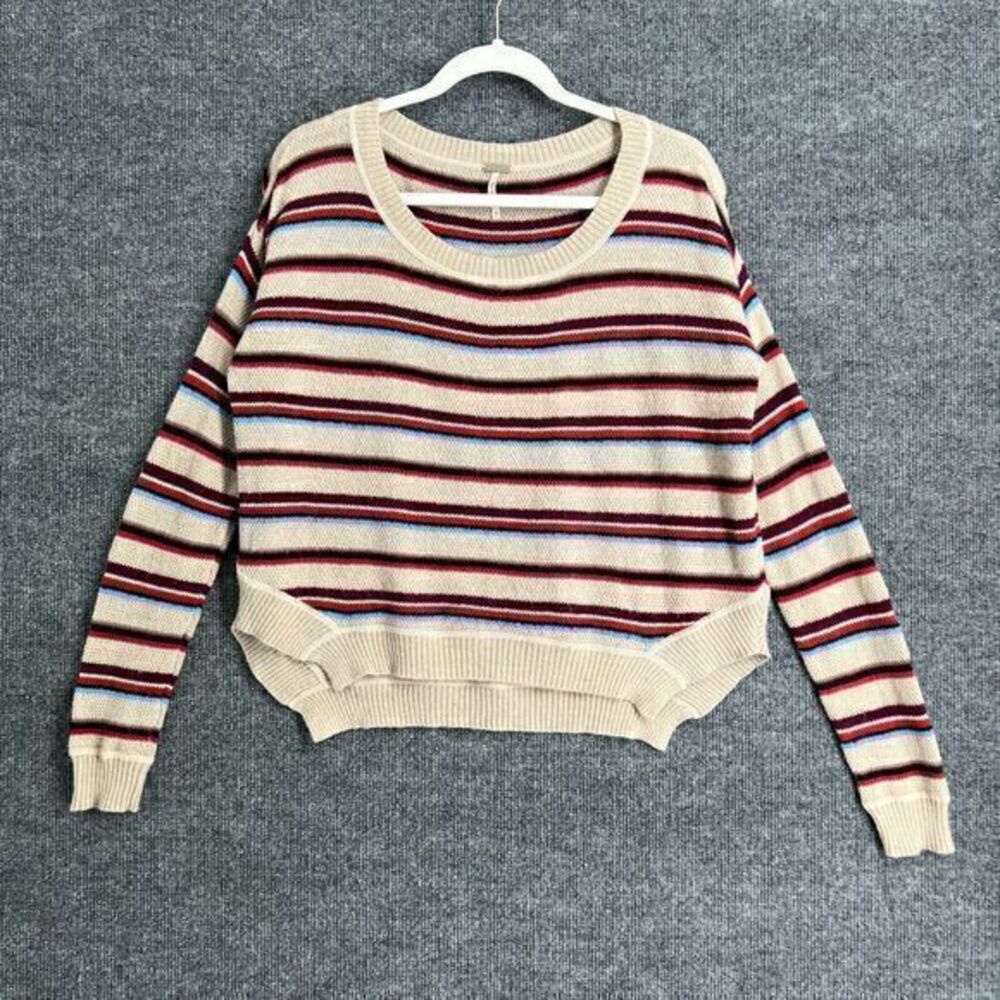 Free People Sweater Womens Small Tan Striped Relaxed Boxy Wool Alpaca Blend